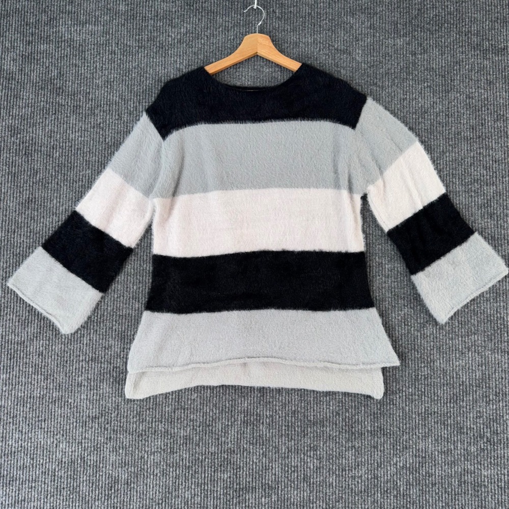Macaron‎ Womens S Striped Fuzzy Knit Sweater Colorblock Pullover Y2K Cozy Chic